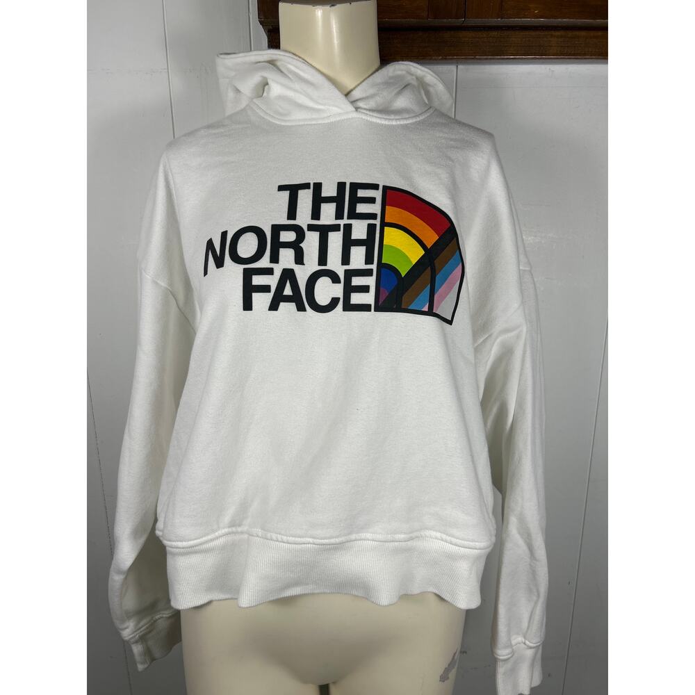 The North Face Women's Size L White Slightly Cropped Hoodie with Rainbow